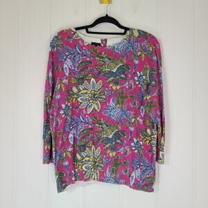 Talbots Sweater Women's Size XL Crew Neck 3/4 Sleeve Pink Blue Floral Cotton